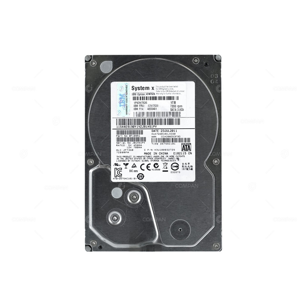 43W7629 IBM HARD DRIVE 1TB 7.2K 3G SATA 3.5 LFF 42C0401, 43W7626, HUA722010CLA330